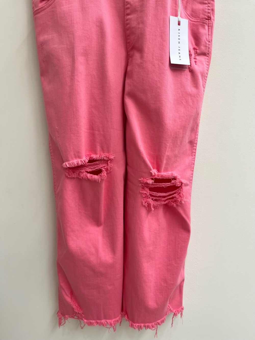 Risen Barbie Girl High Rise Hot Pink Distressed Straight Cropped Overalls XL - Picture 5 of 13